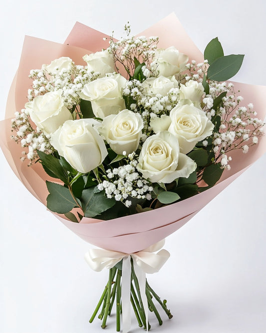 🤍 Ramo Elegante de Rosas Blancas con Ruscus y Gypso | Domicilio Bogotá