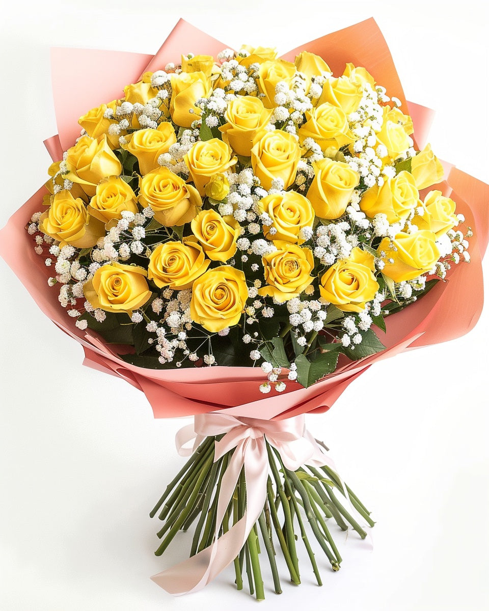 💛 Ramo de Rosas Amarillas Alegres con Ruscus y Gypso | Bogotá