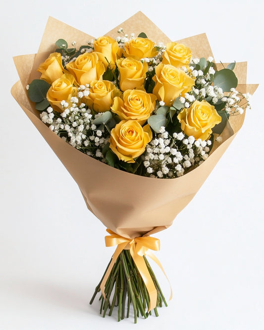 💛 Ramo de Rosas Amarillas Alegres con Ruscus y Gypso | Bogotá