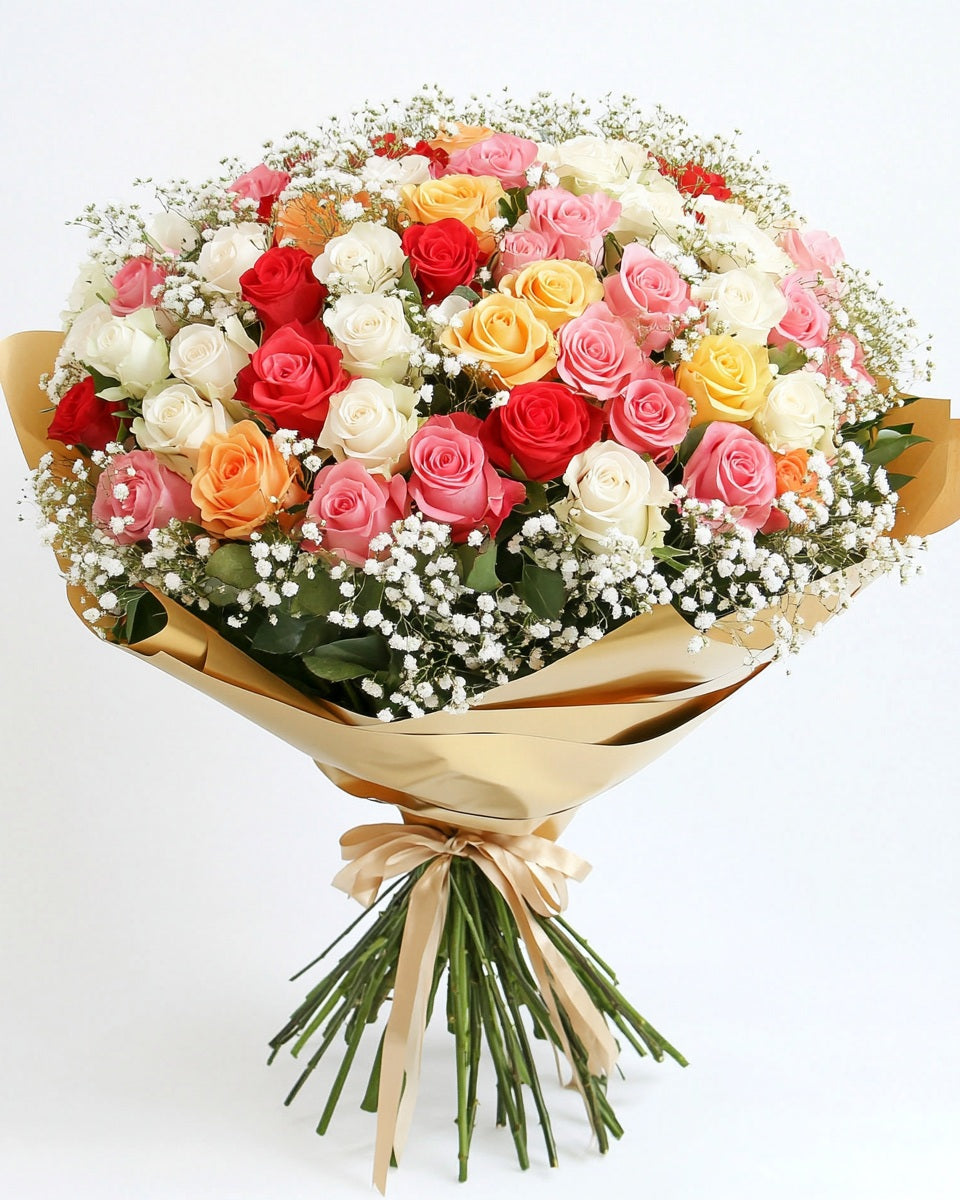 🌈 Ramo de Rosas Multicolor Premium con Ruscus y Gypso | Bogotá