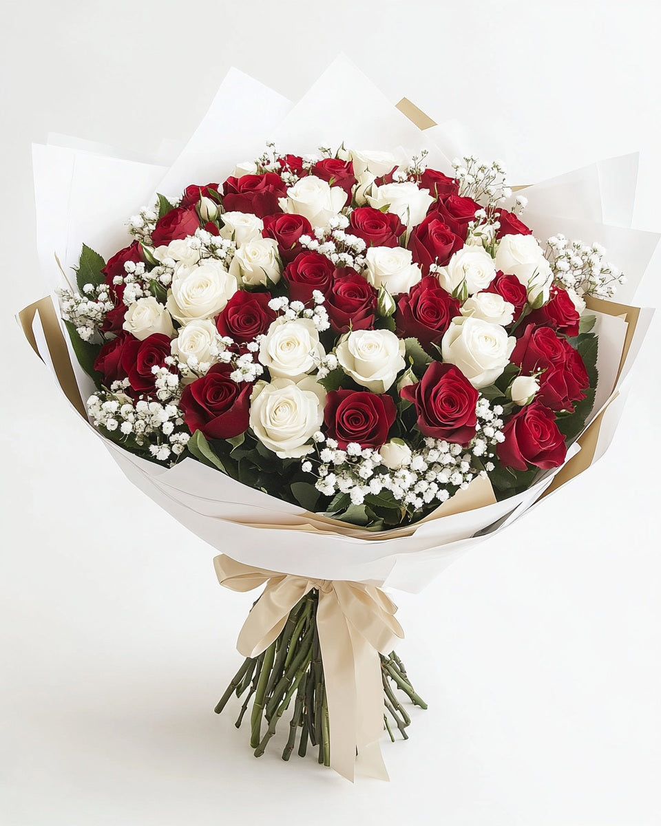 ❤️🤍 Ramo de Rosas Rojas y Blancas (Mitad y Mitad) con Ruscus y Gypso | Bogotá
