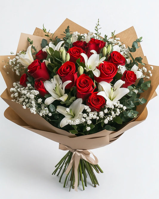 Ramo Premium 25 Rosas Rojas & 6 Lirios Blancos – Entrega en Bogotá