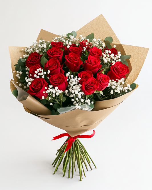 ❤️ Ramo de Rosas Rojas Premium con Ruscus y Gypso | Entrega en Bogotá