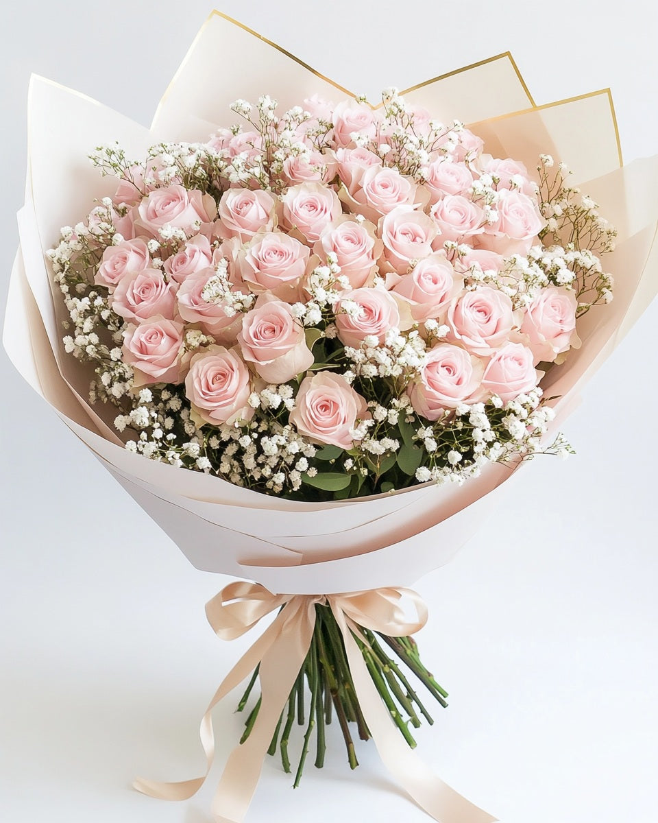 🌸 Ramo Delicado Color Rosas Rosado Claro con Ruscus y Gypso | Bogotá