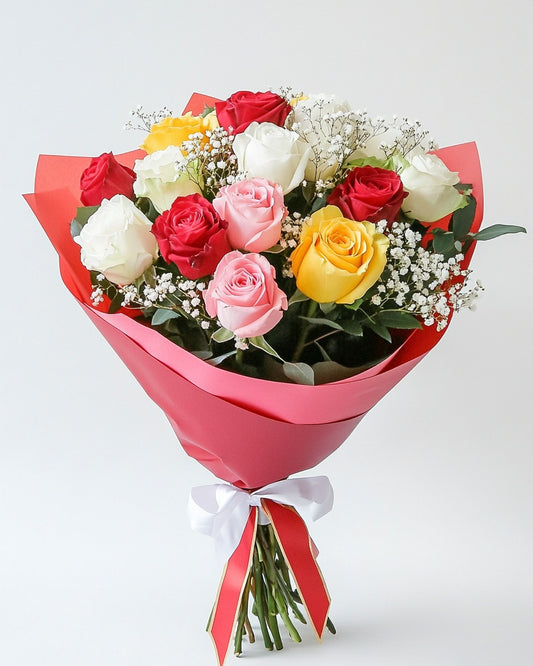 🌈 Ramo de Rosas Multicolor Premium con Ruscus y Gypso | Bogotá