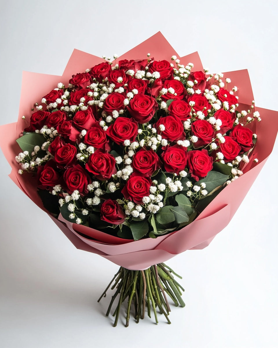❤️ Ramo de Rosas Rojas Premium con Ruscus y Gypso | Entrega en Bogotá
