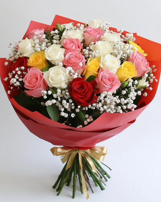 🌈 Ramo de Rosas Multicolor Premium con Ruscus y Gypso | Bogotá