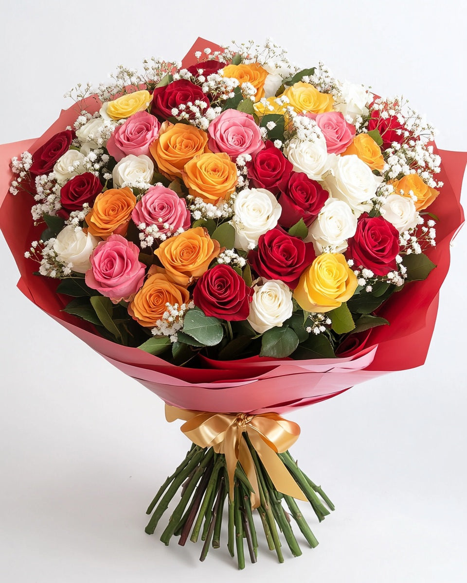 🌈 Ramo de Rosas Multicolor Premium con Ruscus y Gypso | Bogotá