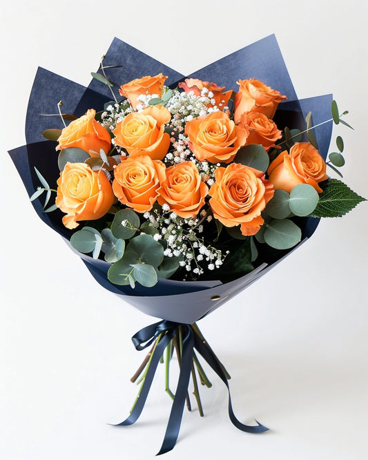 🧡 Ramo Vibrante de Rosas Naranjas con Ruscus y Gypso | Bogotá