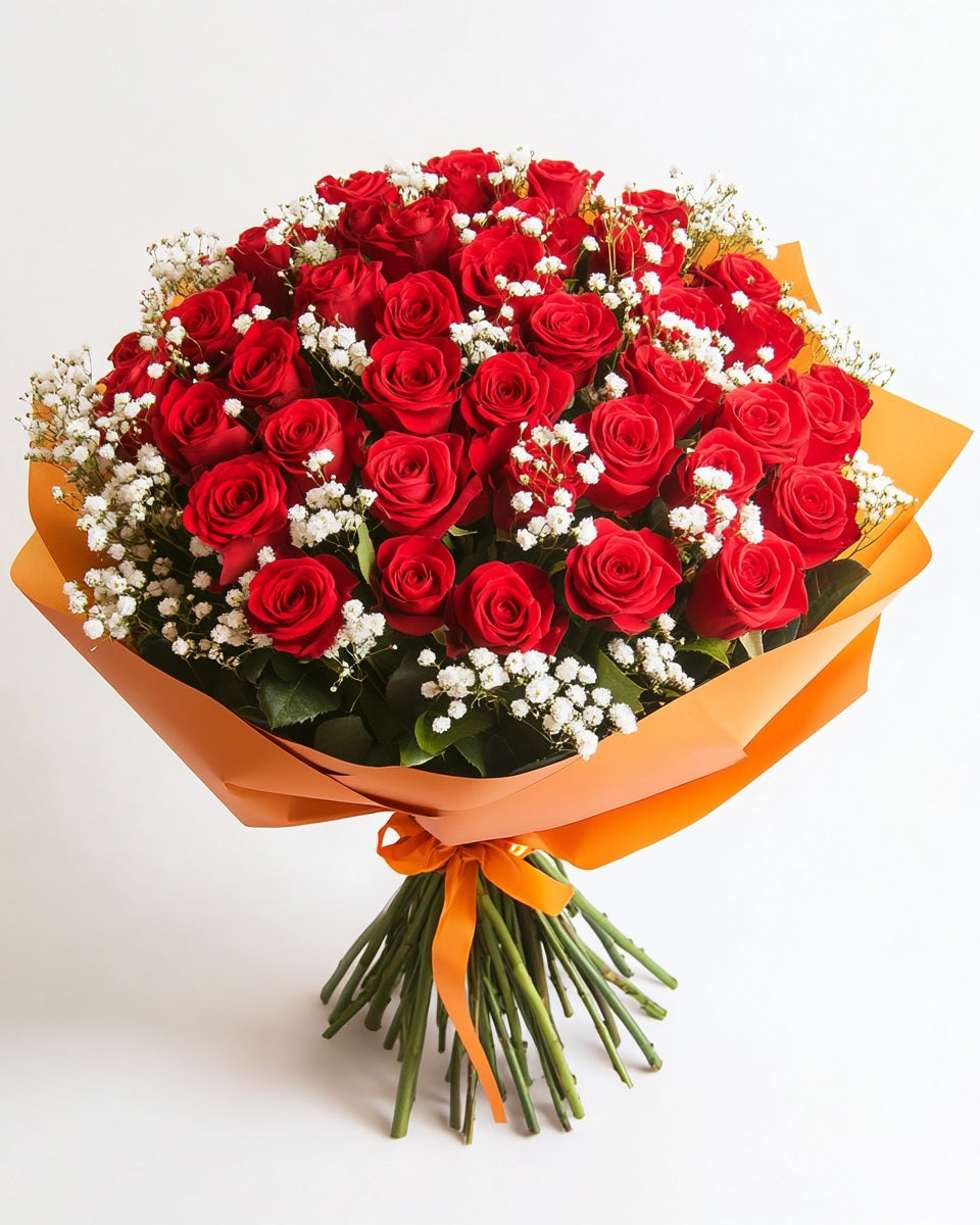 ❤️ Ramo de Rosas Rojas Premium con Ruscus y Gypso | Entrega en Bogotá