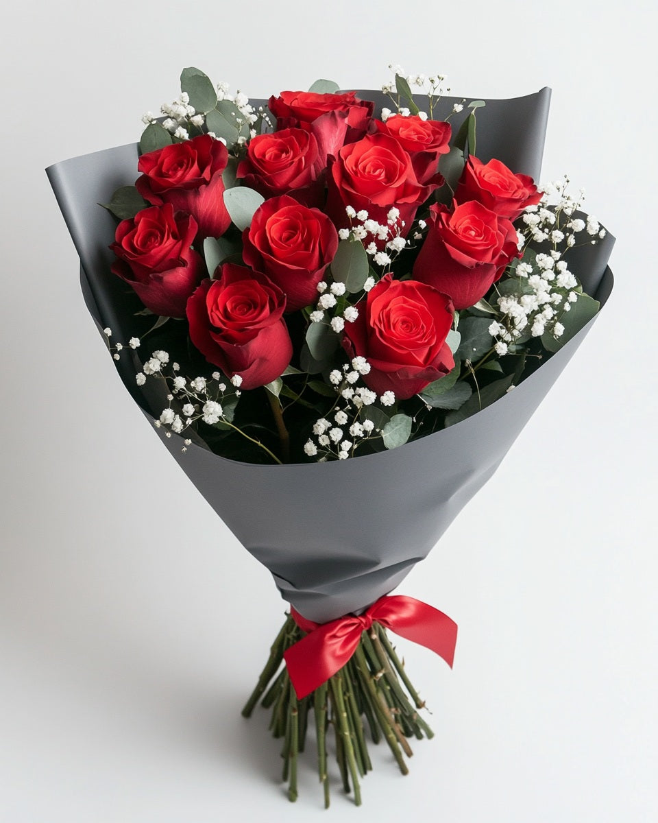 ❤️ Ramo de Rosas Rojas Premium con Ruscus y Gypso | Entrega en Bogotá