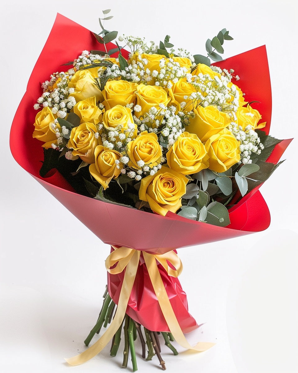 💛 Ramo de Rosas Amarillas Alegres con Ruscus y Gypso | Bogotá