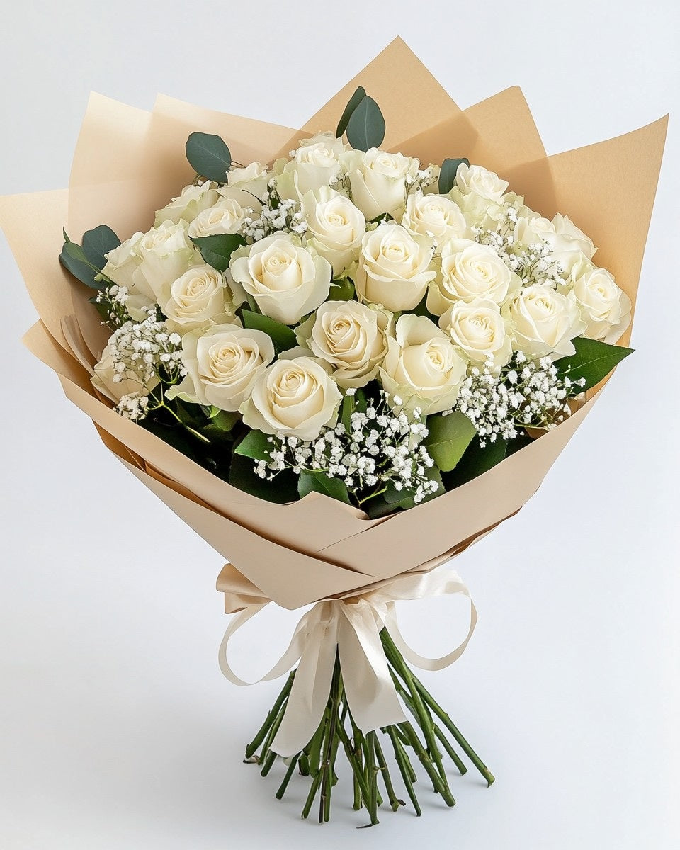 🤍 Ramo Elegante de Rosas Blancas con Ruscus y Gypso | Domicilio Bogotá