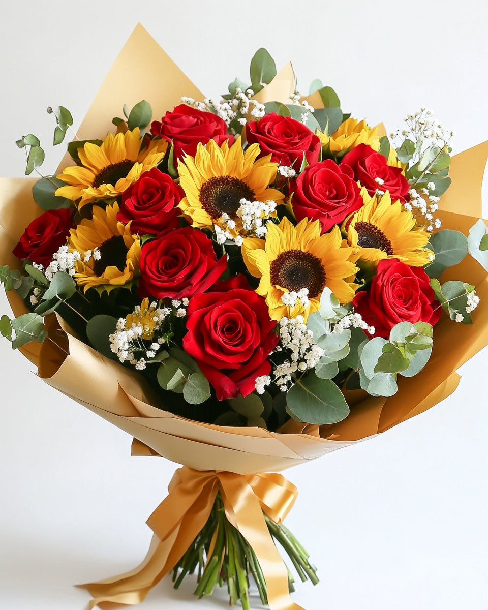 Ramo de 25 Rosas Rojas y 6 Girasoles – Entrega en Bogotá