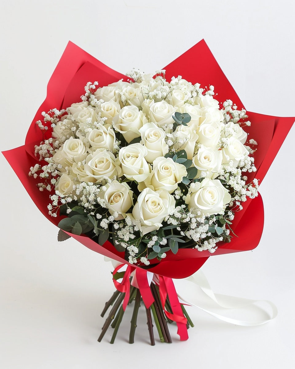 🤍 Ramo Elegante de Rosas Blancas con Ruscus y Gypso | Domicilio Bogotá