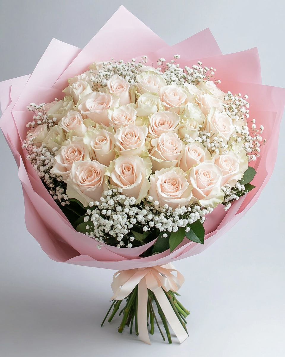 🌸 Ramo Delicado Color Rosas Rosado Claro con Ruscus y Gypso | Bogotá