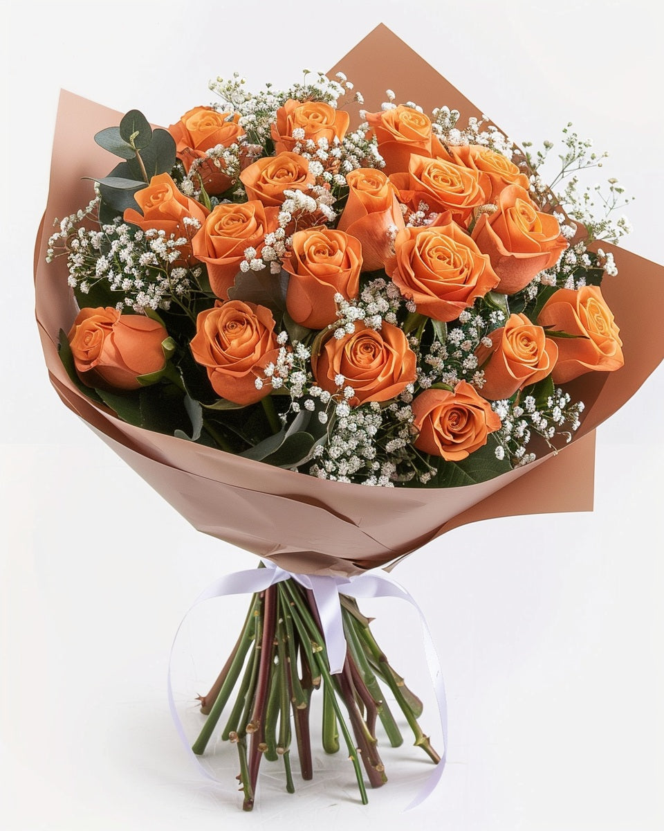 🧡 Ramo Vibrante de Rosas Naranjas con Ruscus y Gypso | Bogotá