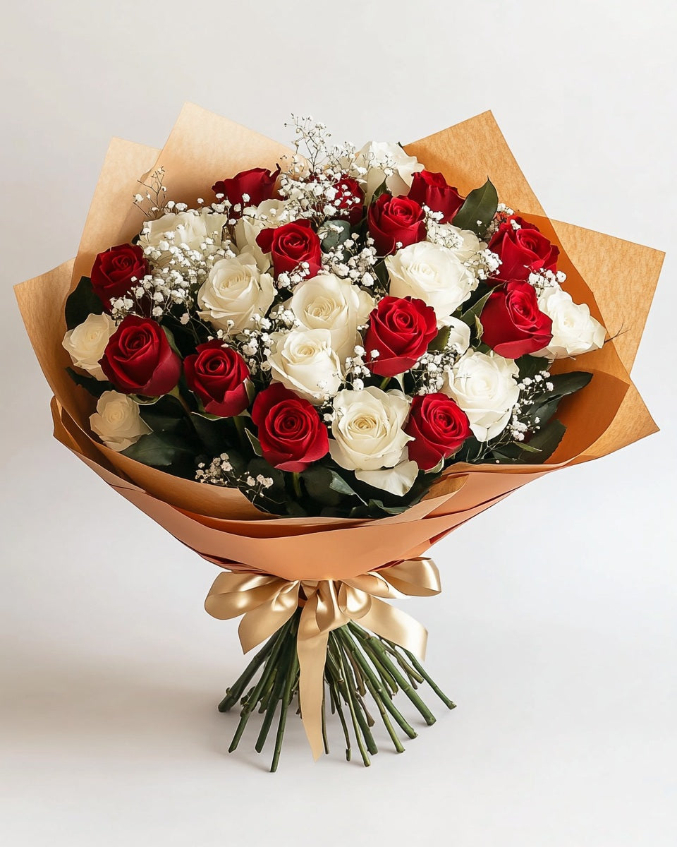 ❤️🤍 Ramo de Rosas Rojas y Blancas (Mitad y Mitad) con Ruscus y Gypso | Bogotá