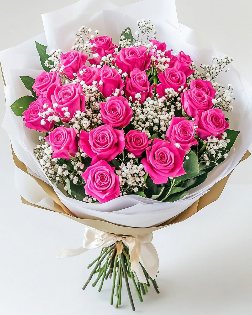 💗 Ramo Premium de Rosas Rosado Oscuro con Ruscus y Gypso | Bogotá