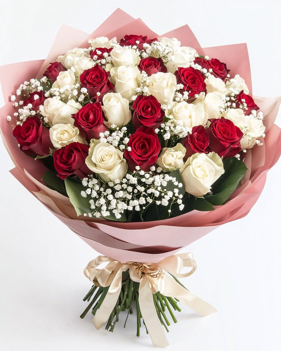 ❤️🤍 Ramo de Rosas Rojas y Blancas (Mitad y Mitad) con Ruscus y Gypso | Bogotá