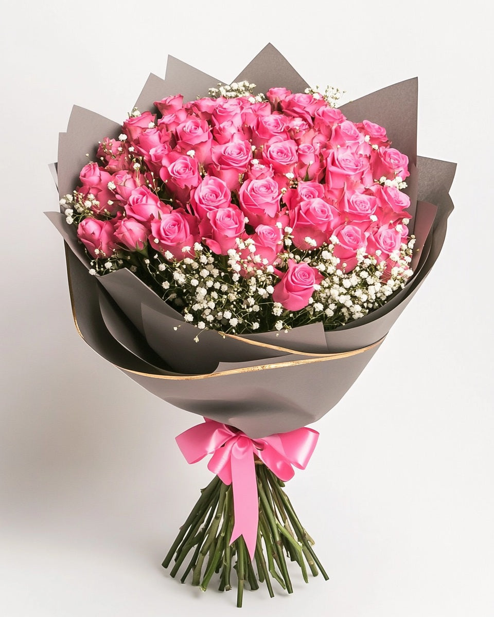 💗 Ramo Premium de Rosas Rosado Oscuro con Ruscus y Gypso | Bogotá